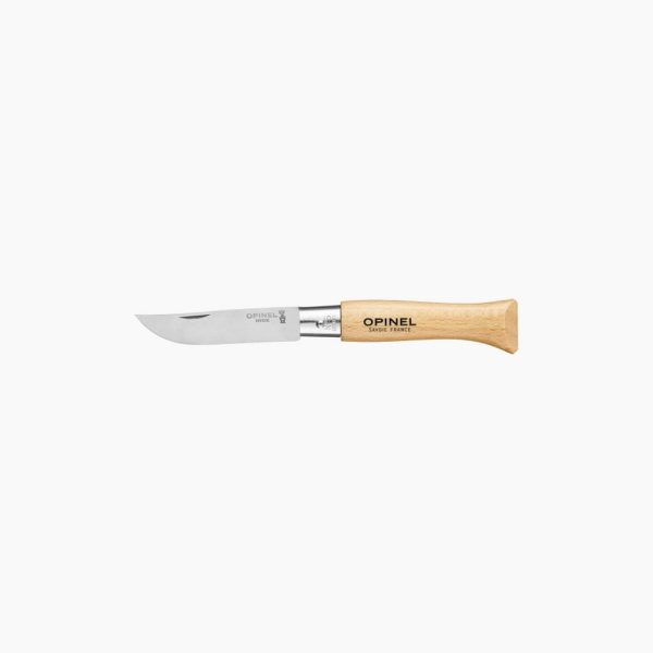 Navaja Opinel Inox Nº5 con hoja de acero inoxidable Sandvik 12C27 y mango de madera de haya.