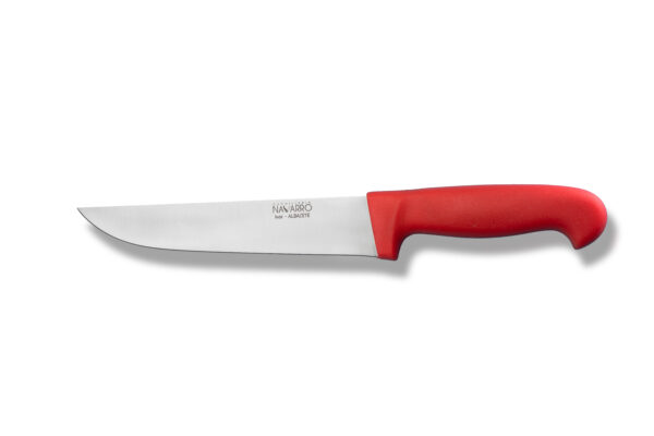 Cuchillo deshuesador profesional de acero inoxidable con mango ergonómico rojo fabricado por Cuchillería Navarro en Albacete.