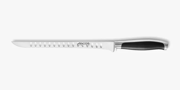 Cuchillo jamonero Arcos Serie Kyoto de 250 mm con hoja alveolada de acero NITRUM® y mango negro de POM.