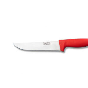 Cuchillo carnicero profesional de acero inoxidable con mango ergonómico rojo fabricado por Cuchillería Navarro en Albacete.