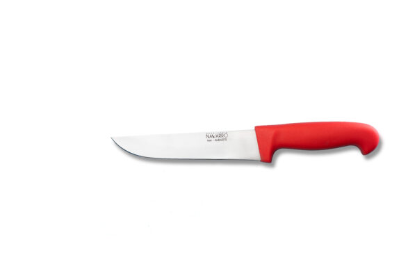 Cuchillo carnicero profesional de acero inoxidable con mango ergonómico rojo fabricado por Cuchillería Navarro en Albacete.