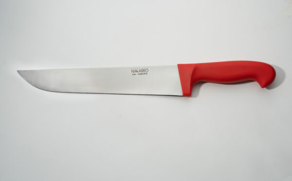 Cuchillo carnicero profesional de acero inoxidable con mango ergonómico rojo fabricado por Cuchillería Navarro en Albacete.