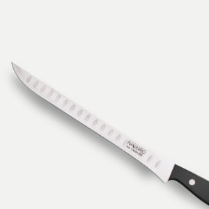 Cuchillo jamonero con alveolos Cuchillería Navarro, hoja de acero inoxidable con hueco de aire, mango negro remachado, fabricado en Albacete