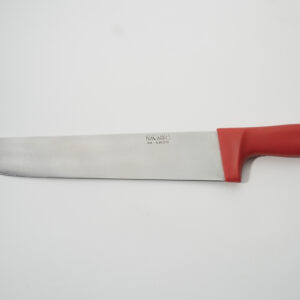 Cuchillo carnicero profesional de hoja larga con hoja de acero inoxidable y mango ergonómico rojo.
