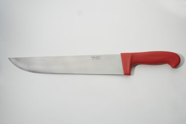 Cuchillo carnicero profesional de hoja larga con hoja de acero inoxidable y mango ergonómico rojo.