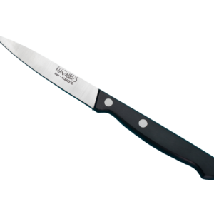 Cuchillo pelador de acero inoxidable Cuchillería Navarro con mango negro.