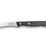 Cuchillo pelador curvo de acero inoxidable Cuchillería Navarro con mango negro.