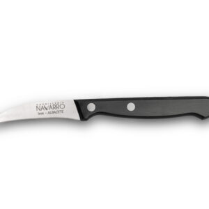 Cuchillo pelador curvo de acero inoxidable Cuchillería Navarro con mango negro.