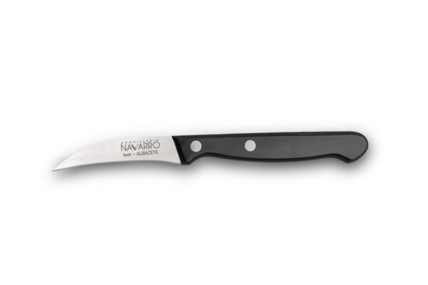 c13 6.10 1 (1) con fondo Cuchillo pelador curvo de acero inoxidable Cuchillería Navarro con mango negro.