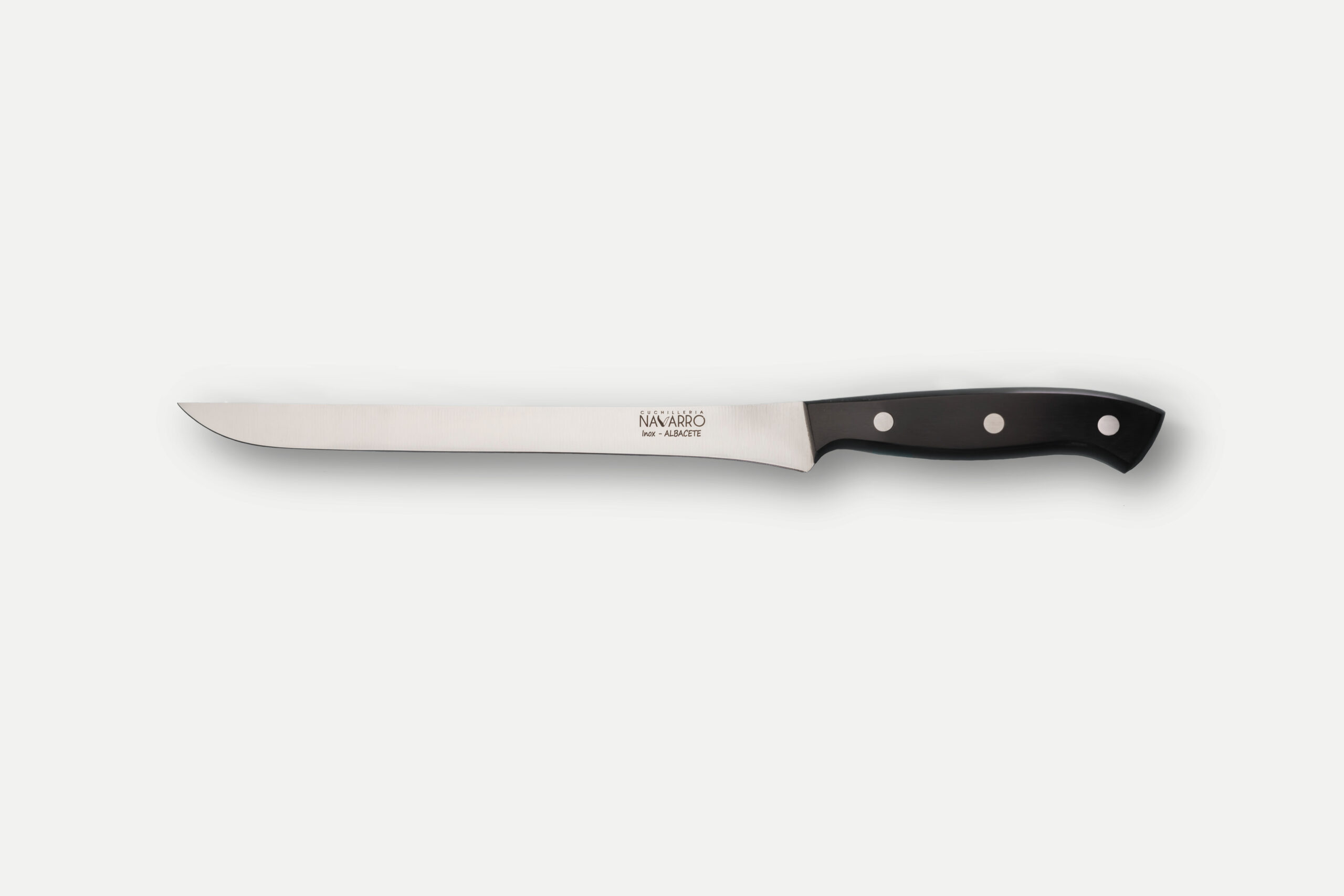 Cuchillo jamonero Cuchillería Navarro, hoja de acero inoxidable, mango negro remachado, fabricado en Albacete