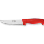 Cuchillo carnicero profesional de acero inoxidable con mango ergonómico rojo fabricado por Cuchillería Navarro en Albacete.
