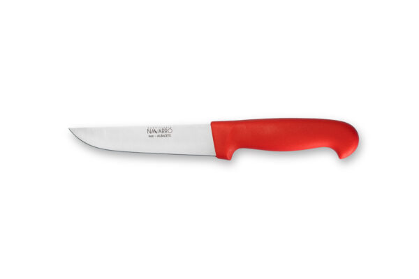 Cuchillo carnicero profesional de acero inoxidable con mango ergonómico rojo fabricado por Cuchillería Navarro en Albacete.