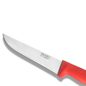 Cuchillo carnicero profesional de acero inoxidable con mango ergonómico rojo fabricado por Cuchillería Navarro en Albacete.